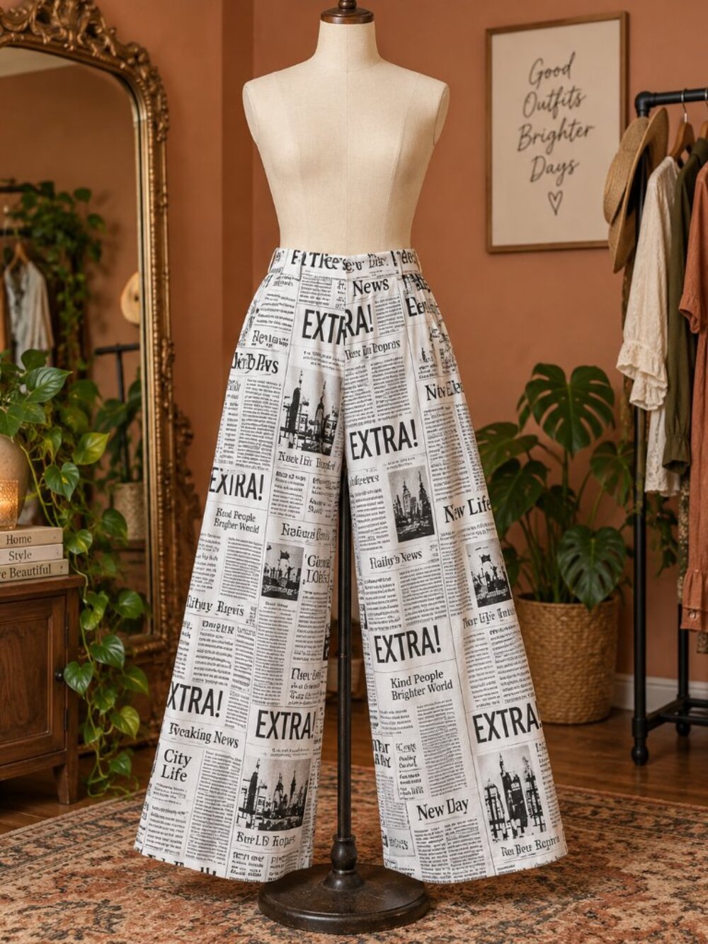 WDIRARA Women's Newspaper Print Wide Leg Pants Elastic Waist Loose Funky Letter